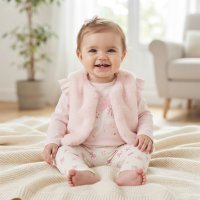 J15547NB: Baby Girls Faux Fur Gilet, Top & Legging Outfit (0-9 Months)